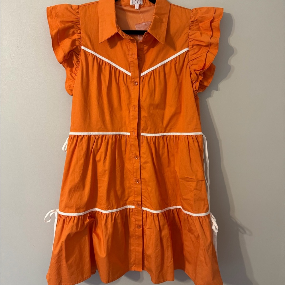 TCEC Bright Orange Button-Front Ruffle Sleeve Kids Dress